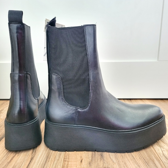 ZARA WOMEN'S FLAT LEATHER PLATFORM ANKLE BOOTS Black Genuine Leather US 9 NWT - Picture 8 of 15